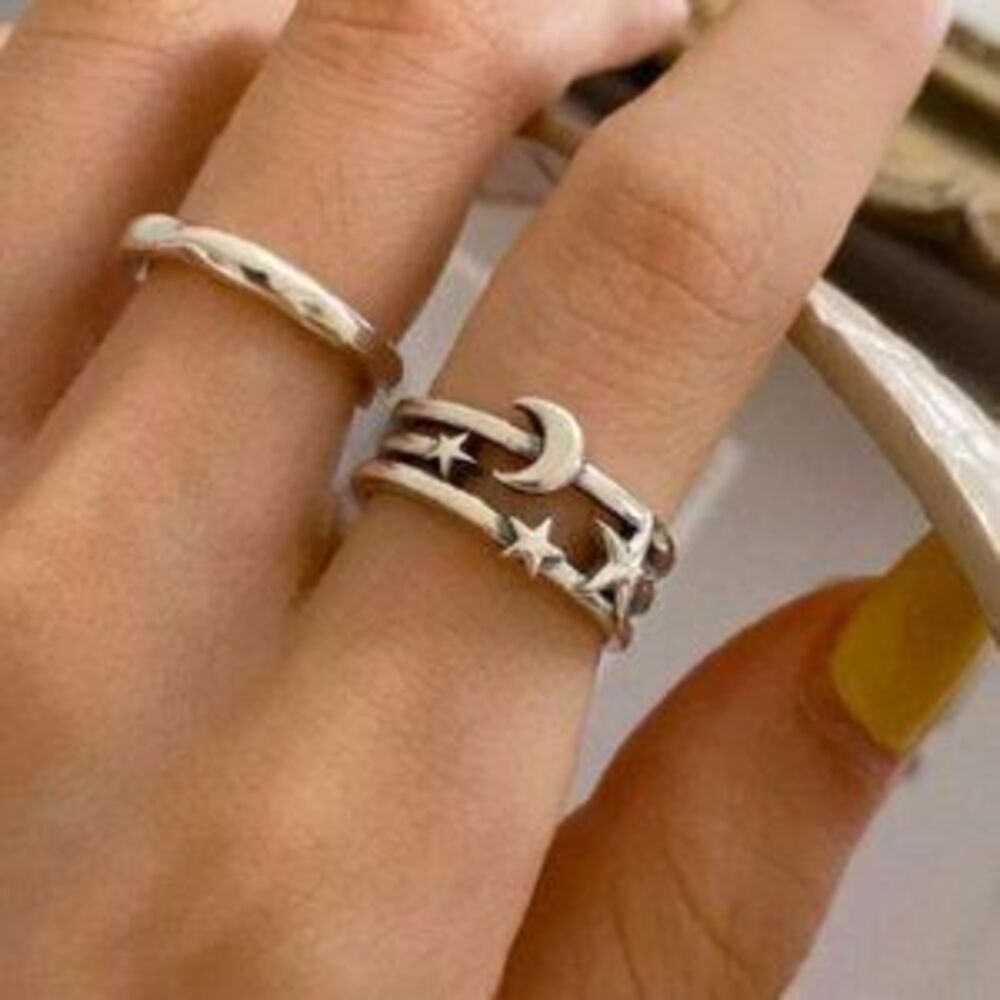 925 Sterling Silver Moon Star Adjustable Ring A